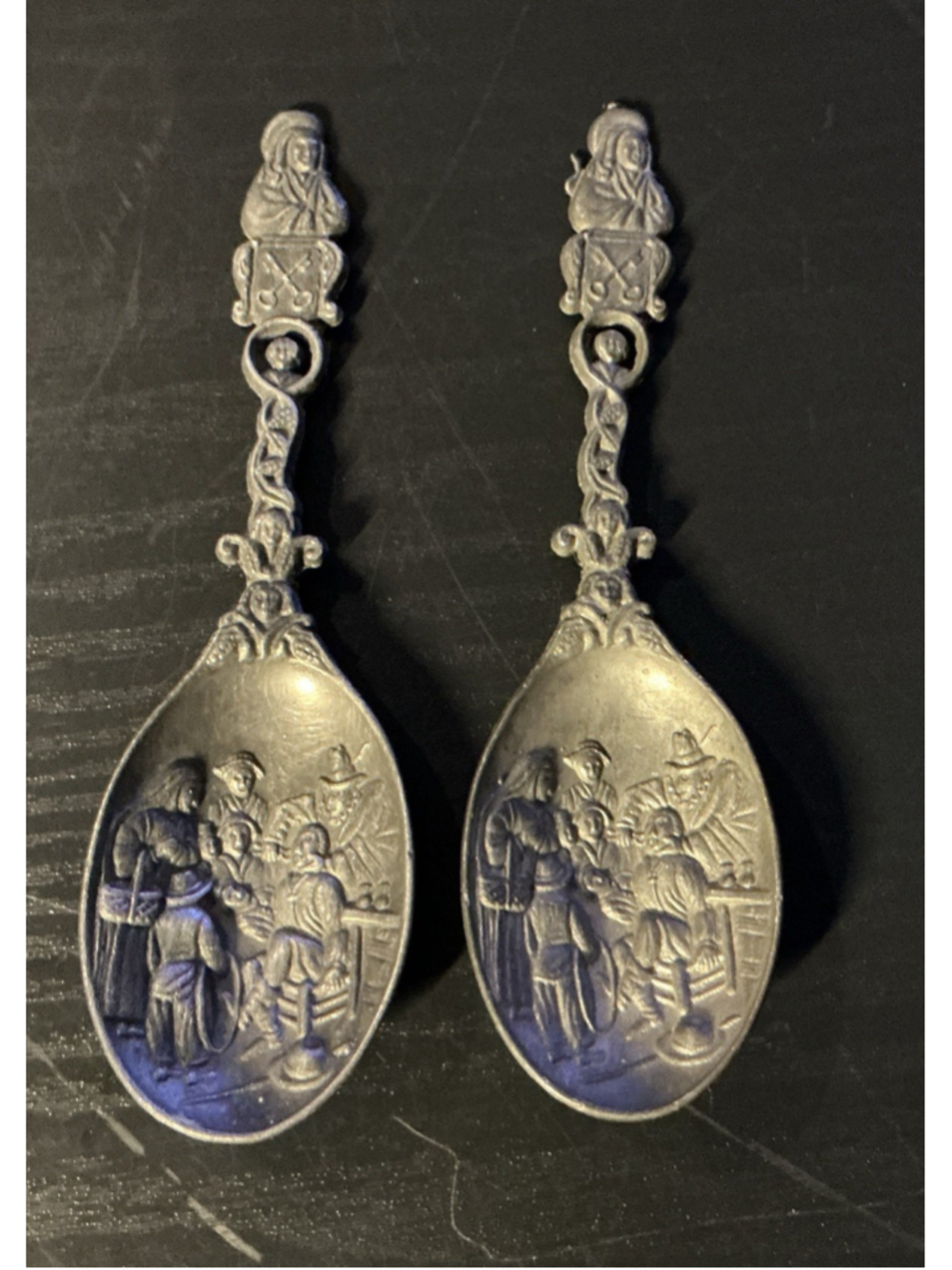 Vintage De Tandmeester Jan Steen Pewter Spoons The Tooth Master Holland Lot Of 2